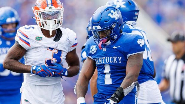 Sep 30, 2023; Lexington, Kentucky, USA; Kentucky Wildcats running back Ray Davis (1) celebrates during the fourth quarter against the Florida Gators at Kroger Field. Mandatory Credit: Jordan Prather-USA TODAY Sports  